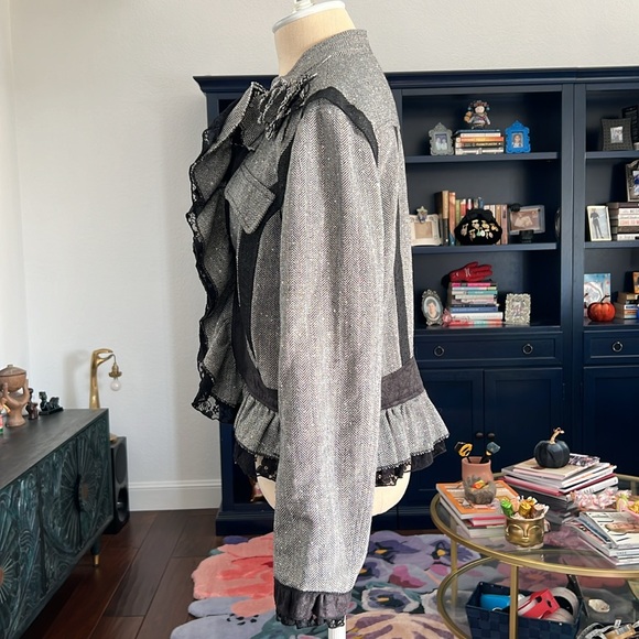 Anthropologie H.E. Tweed metallic black & gray with lace and flowers blazer, L - Picture 5 of 8